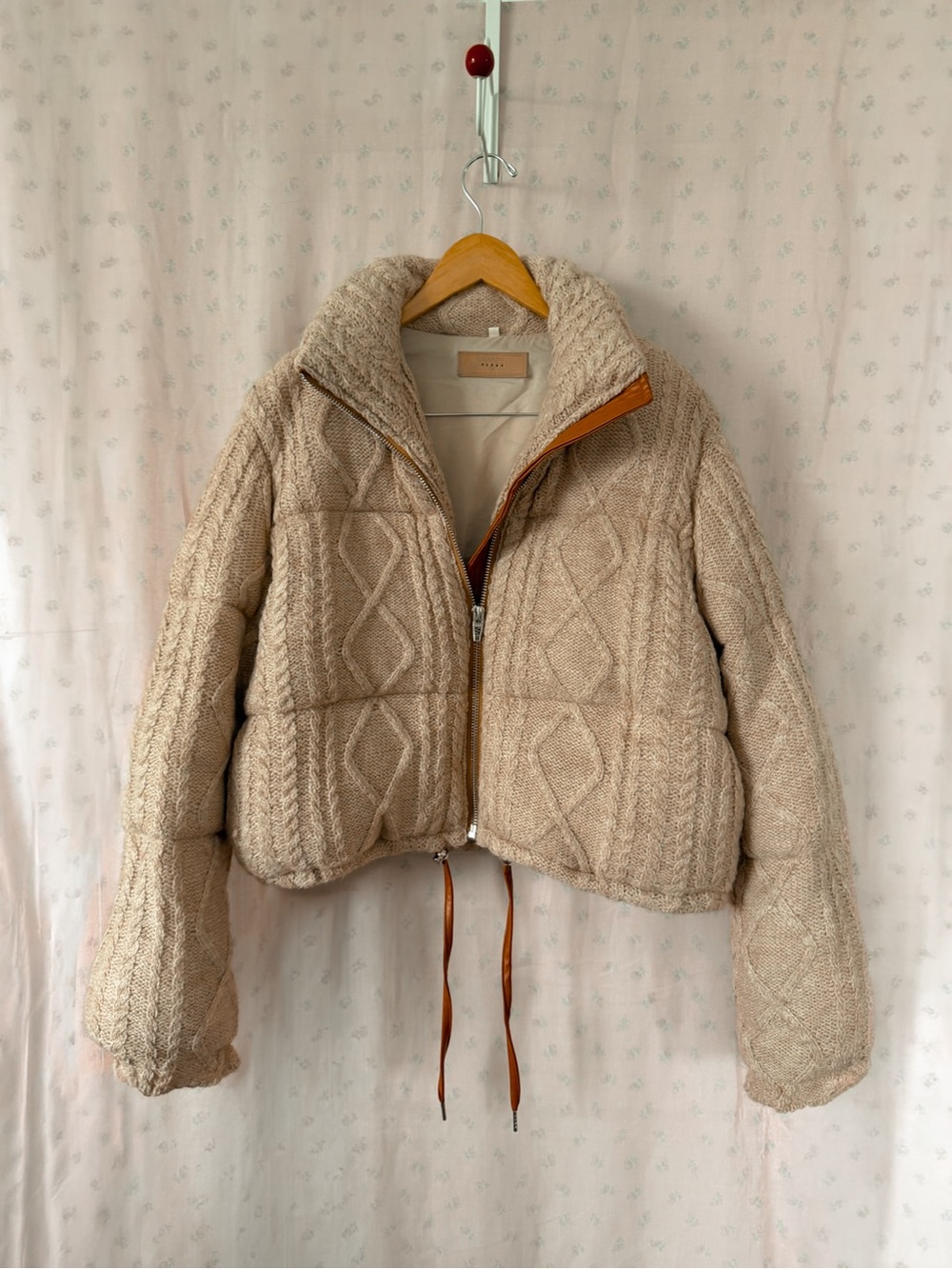 Blank NYC Cream Quilted Cable-Knit Puffer Jacket